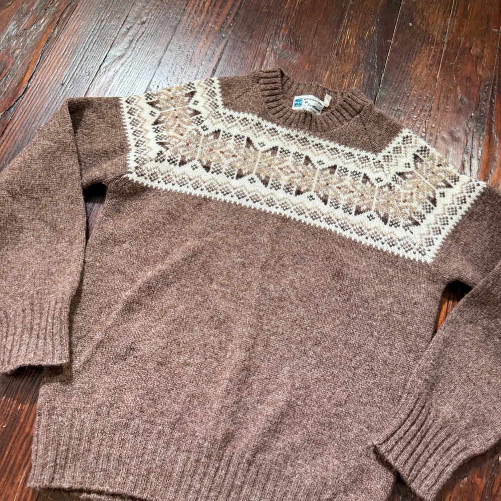 Vintage 90s Glen Gordon Scotland Sweater Womens L Brown Fair Isle Wool Shetland